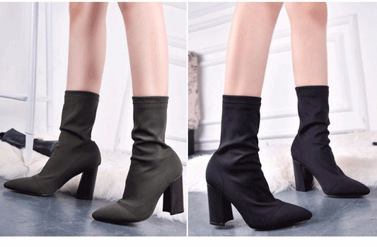 Pointed Toe Thick High Heel Socks Ankle Boots