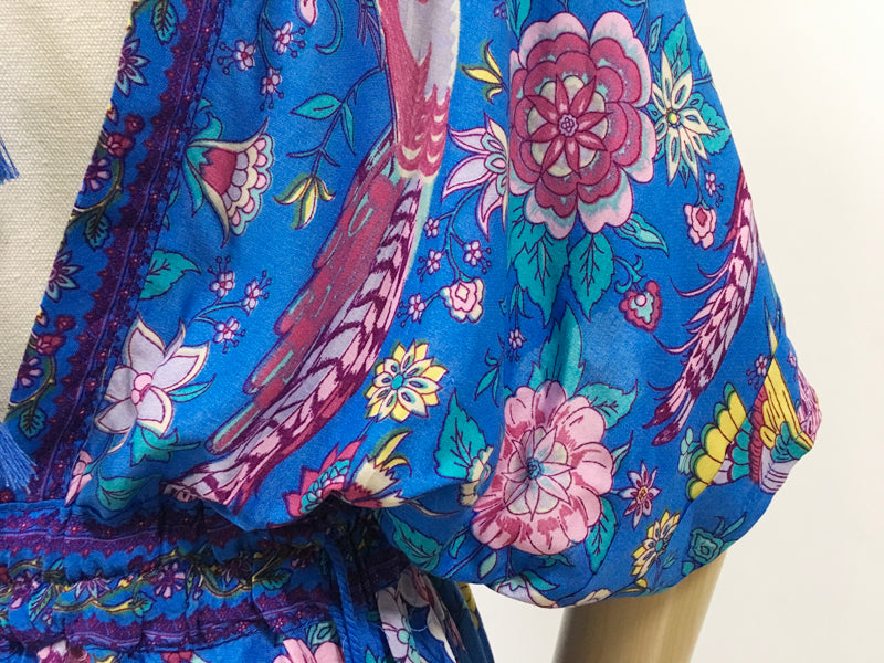 Boho Sexy V-Neck Tassel Short Sleeve Blue Bird Floral Long Bohemian Summer Dress