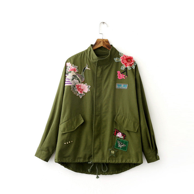 Army Green Floral Embroidery Bomber Jacket