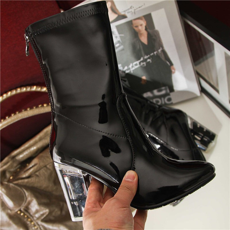 Patent Leather Transparent Perspex Square Heel Ankle Boots