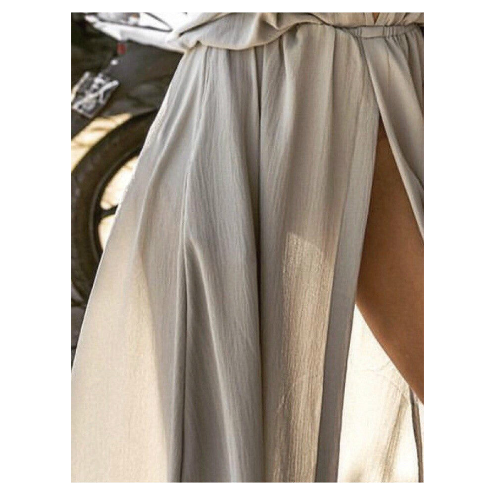 Sexy Deep V-Neck Short Sleeve Casual Loose Long Maxi Split with pockets dress