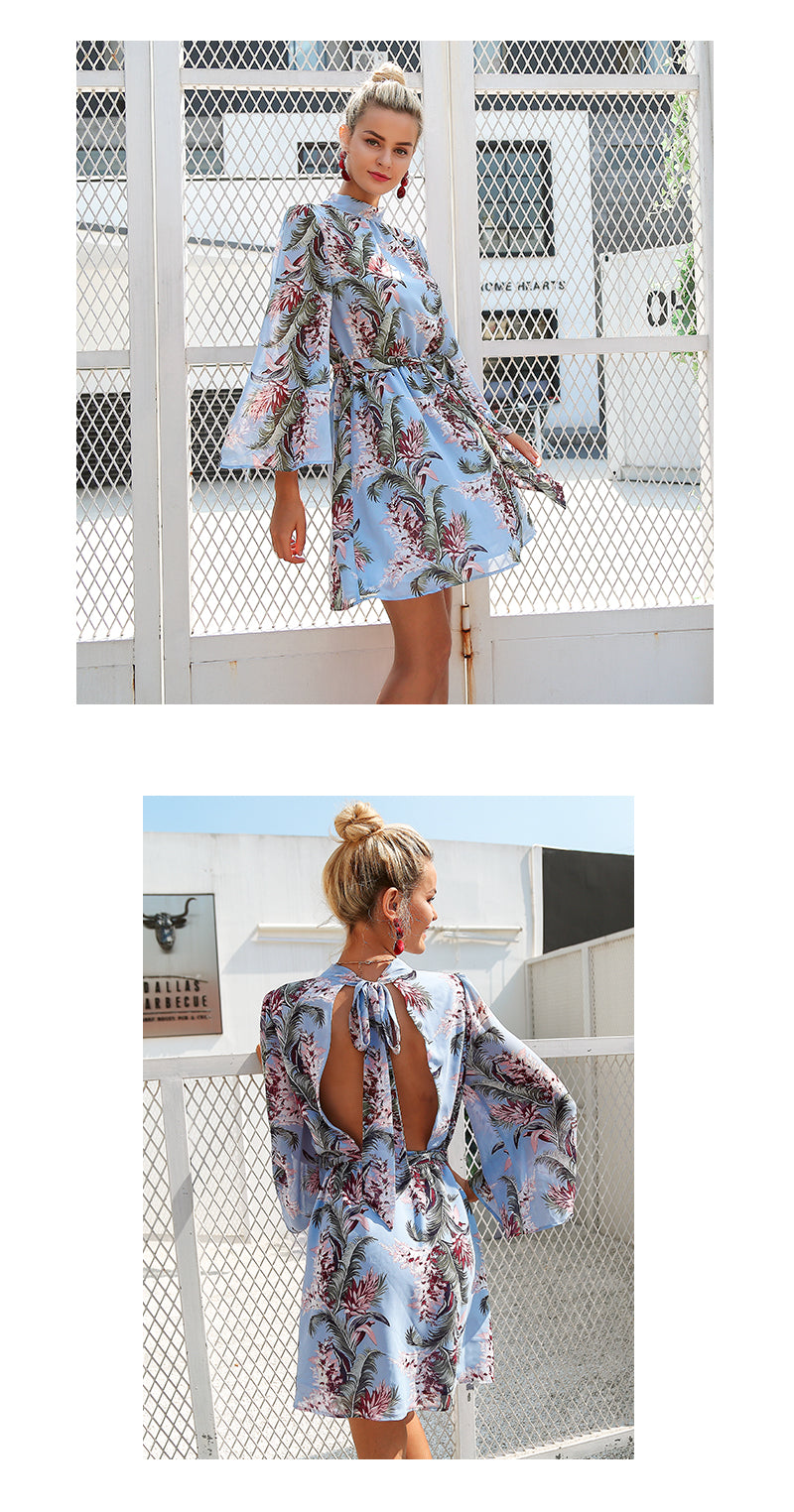 Backless Floral Print Chiffon Flared Sleeve Short Summer Dress