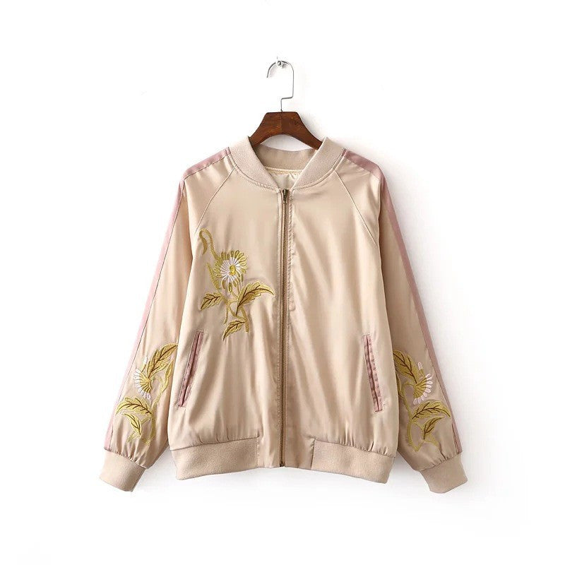 Womens Vintage Flower Embroidery Bomber Jacket