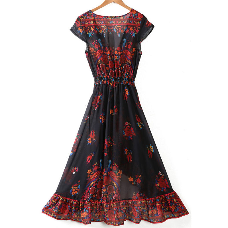 V-Neck Bohemian Maxi Black Floral Vintage Summer Dress