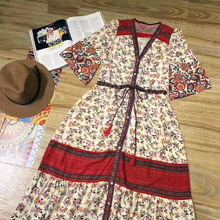 BOHO Inspired Maxi Floral Print V-Neck Button down tassel drawstring long summer dress