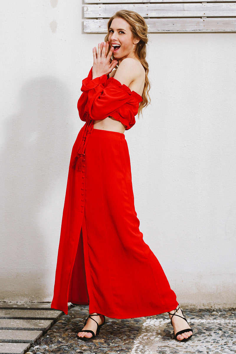 Red Split-Up Bohemian Chiffon Vintage Elegant Long Casual Loose Maxi Skirt