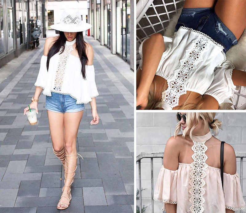 Sexy Halter White Lace Blouse Off-The-Shoulder Summer Hollow Out Flare Sleeve Blouse