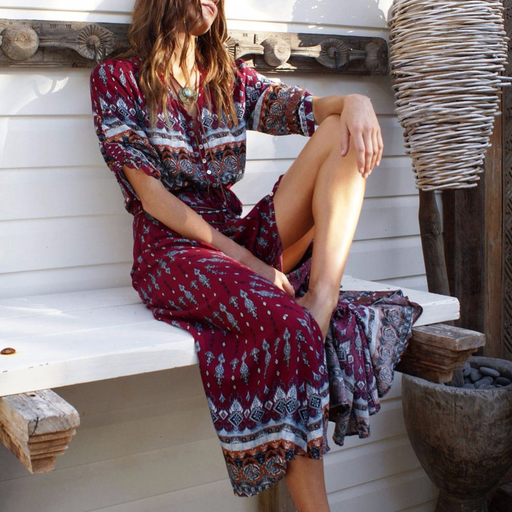 Long Maxi Bohemian V-Neck Floral Three Quarter Sleeve Summer Slip Style Long Dress
