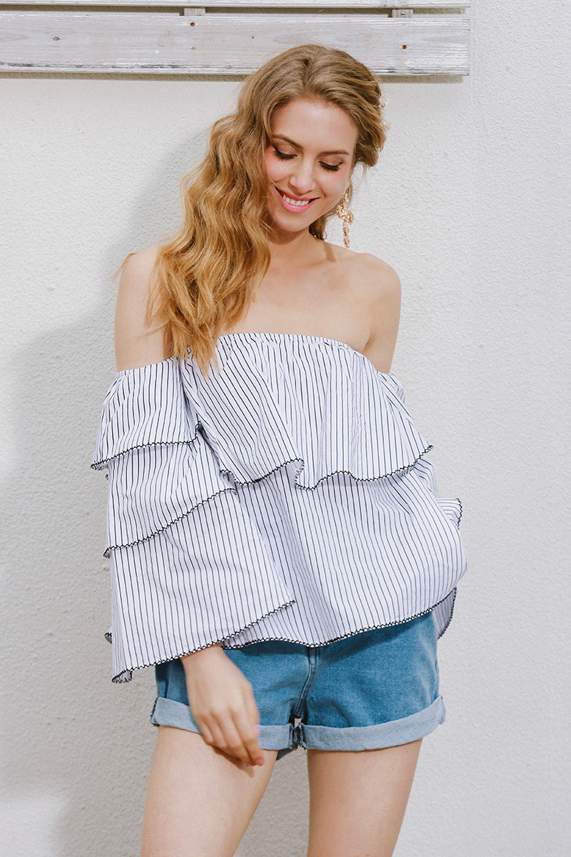 Off the Shoulder Stripe Summer Elegant Butterfly Sleeve Casual Ruffle Blouse