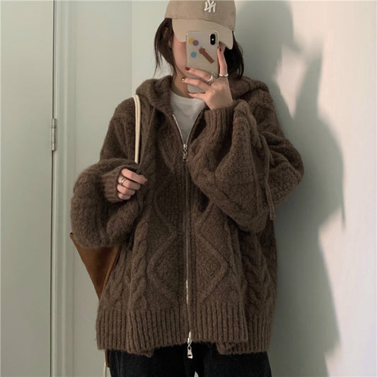 Women Autumn Winter Oversize Knitted Cardigan Casual 2022 Hooded Twist Sweater Zipper Long Sleeve Crochet Outerwear