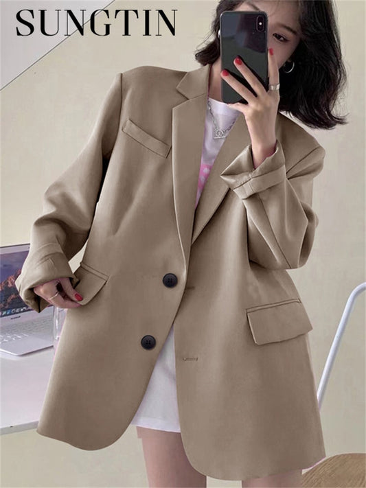 Sungtin Office Lady Loose Blazer Jacket Women 2022 Spring Autumn Solid Casual Blazers Female Pocket Design Style Chic Clothings
