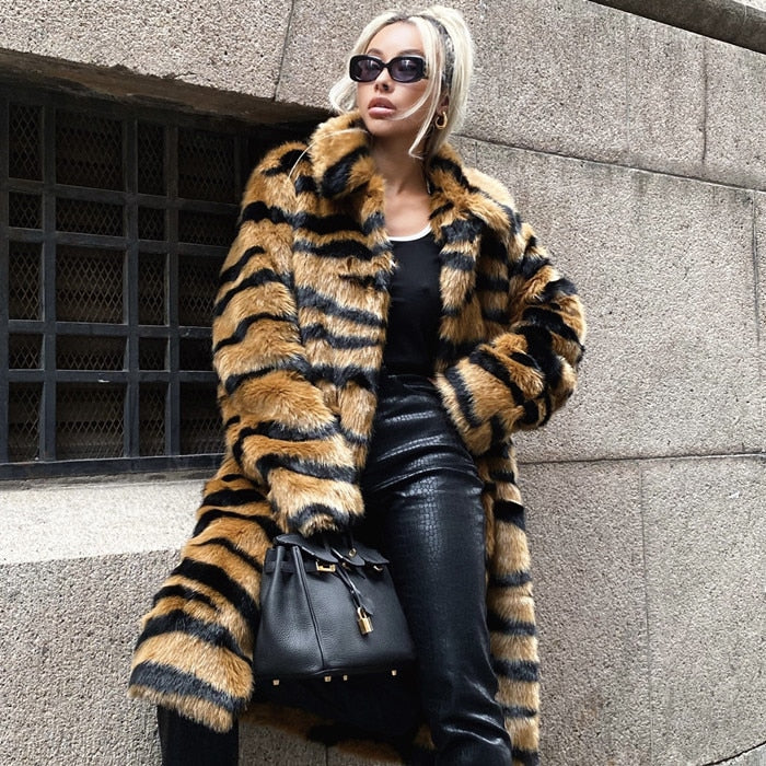 2022 Faux Fur Jackets For Women Autumn Winter New Street Hipster Fashion Tiger Pattern Faux Fur Coat Loose Thick Long Overcoat