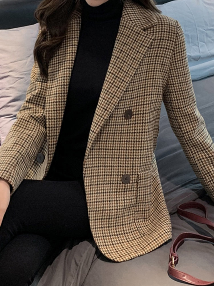 Sungtin Vintage Thicken Plaid Wool Coat Blazer Women with Belt Korean Casual Office Lady Jackets Loose Female Suits Coat OL Work