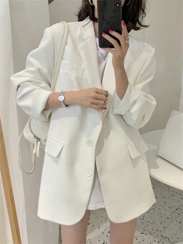 Sungtin Office Lady Loose Blazer Jacket Women 2022 Spring Autumn Solid Casual Blazers Female Pocket Design Style Chic Clothings