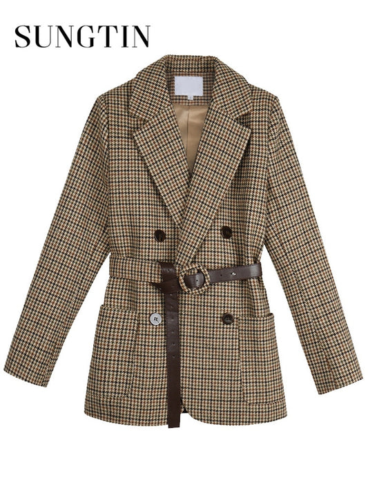 Sungtin Vintage Thicken Plaid Wool Coat Blazer Women with Belt Korean Casual Office Lady Jackets Loose Female Suits Coat OL Work
