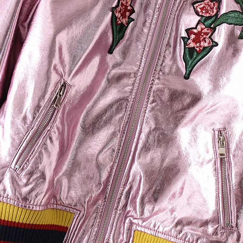 Pink/Silver Shiny Floral Embroidery Bomber jacket