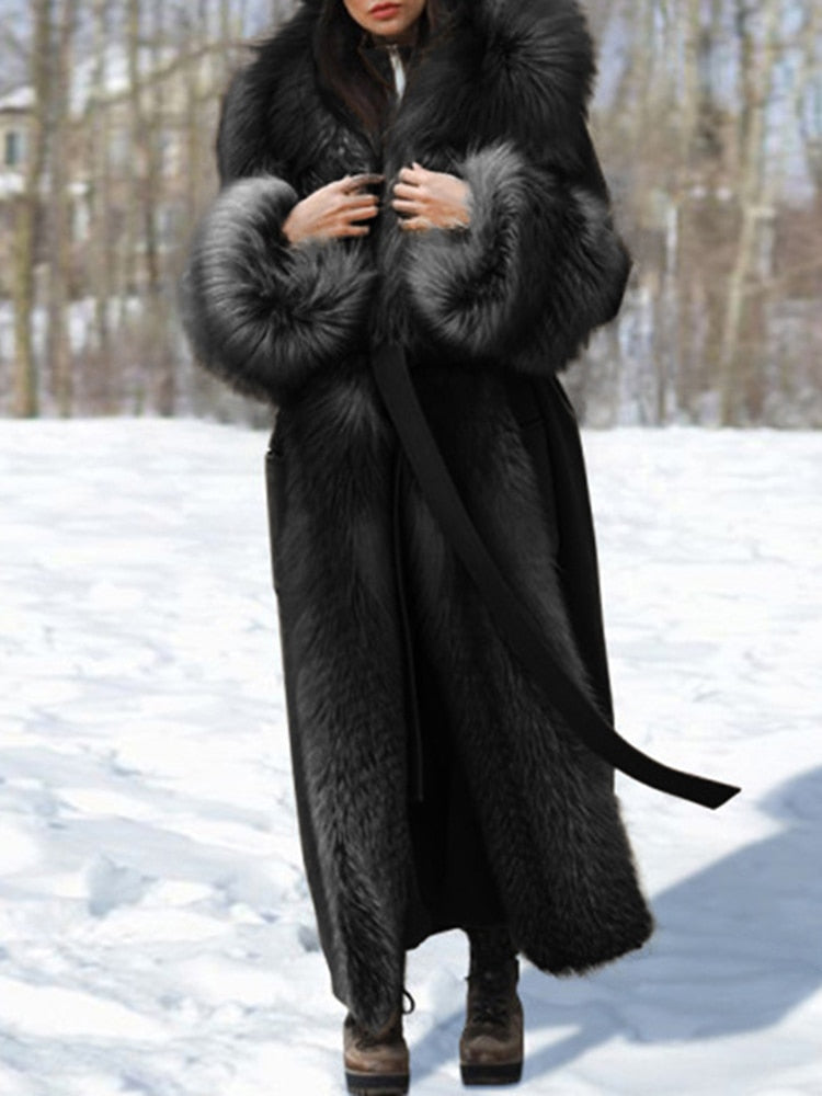 Sungtin Winter Warm Long Faux Fox Fur Coat Women with Belt Fur Collar Lapel Casual Thick Jacket Female 5XL Fashion Clothing Chic