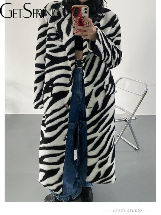 GetSpring Women Wool Coat Zebra Pattern Full Sleeve Winter Woolen Jacket All Match Outwear Loose Long Overcoat Autumn Winter New