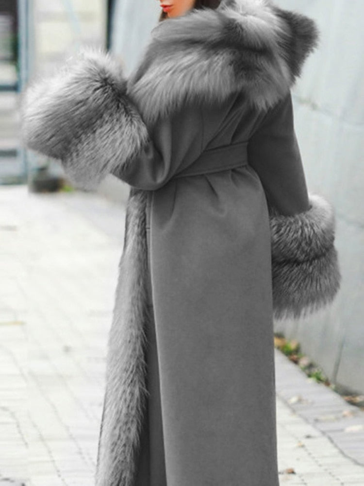 Sungtin Winter Warm Long Faux Fox Fur Coat Women with Belt Fur Collar Lapel Casual Thick Jacket Female 5XL Fashion Clothing Chic