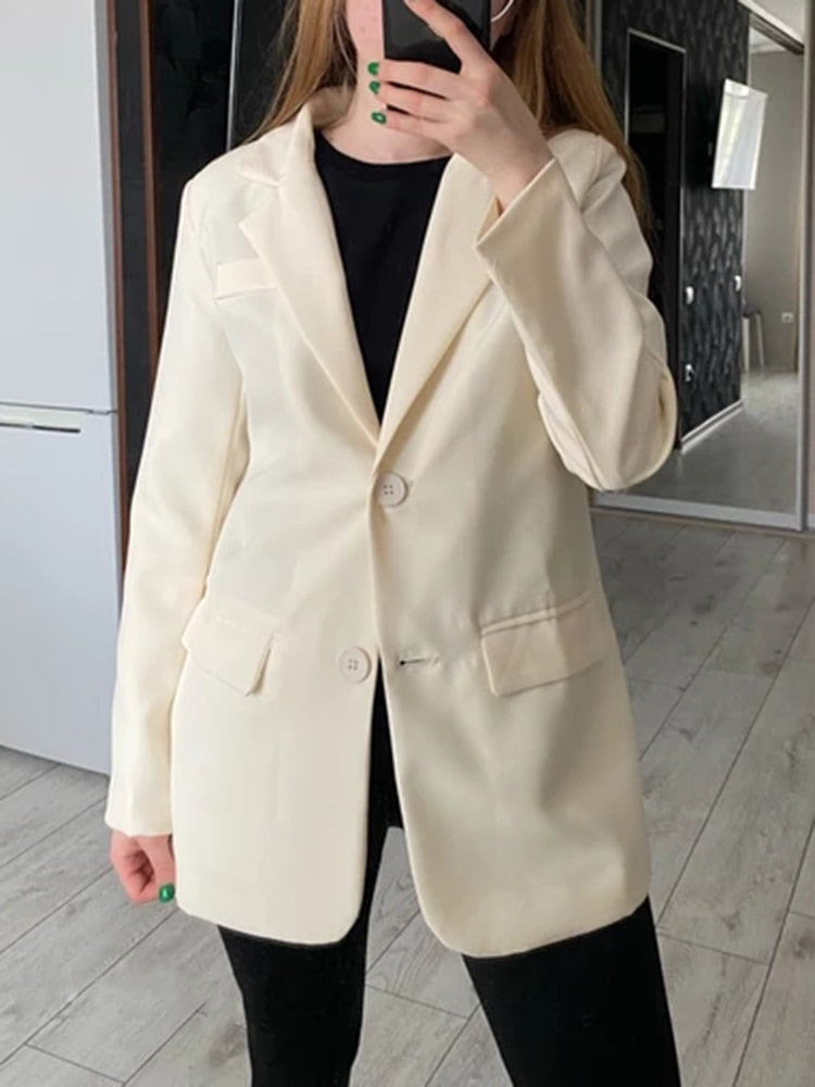 Sungtin Office Lady Loose Blazer Jacket Women 2022 Spring Autumn Solid Casual Blazers Female Pocket Design Style Chic Clothings