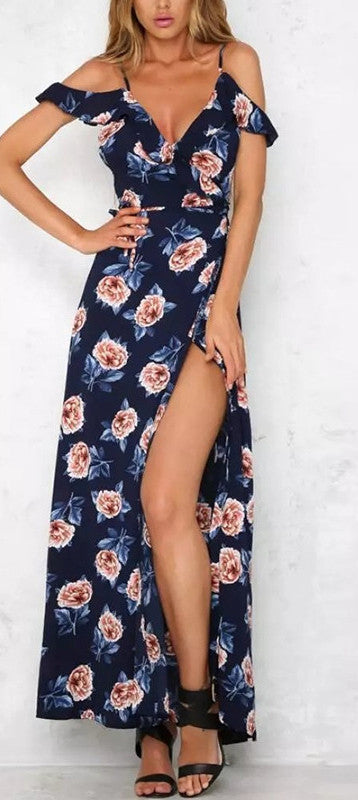 Floral Print Sexy Beach Backless Ruffle Chiffon Strap V Neck Maxi Long Dress