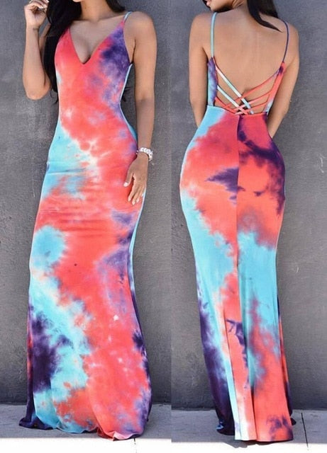 Boho Multi Color Tie Dye Fashion Sexy High Quality Hot-Selling Long Maxi Beach Dress