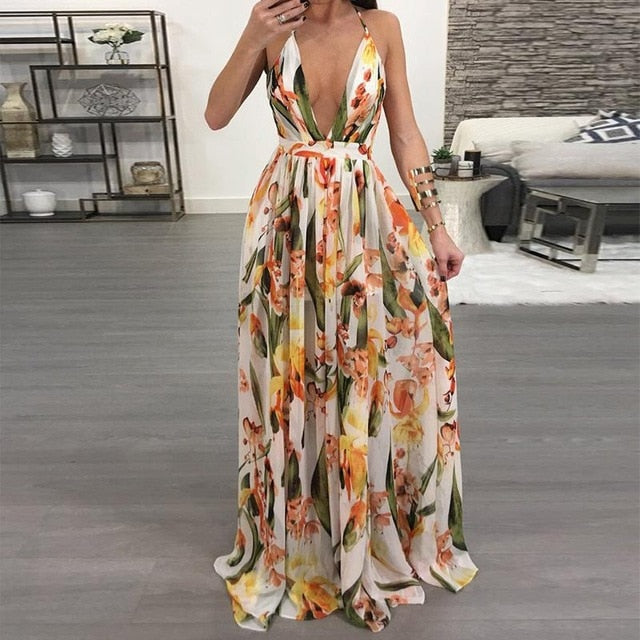 Bohemia floral v clearance neck backless maxi dress