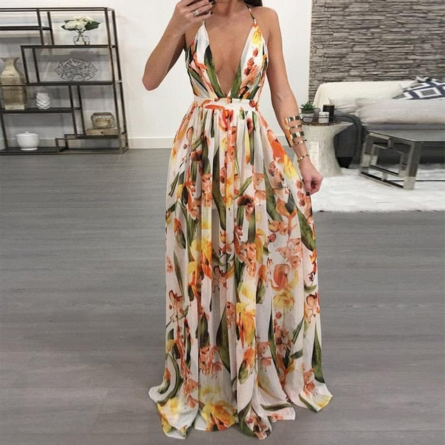 Sexy Maxi Boho Style Print Party Dress Deep V Neck Backless Long Dress