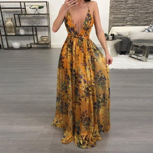 Sexy Maxi Boho Style Print Party Dress Deep V Neck Backless Long Dress