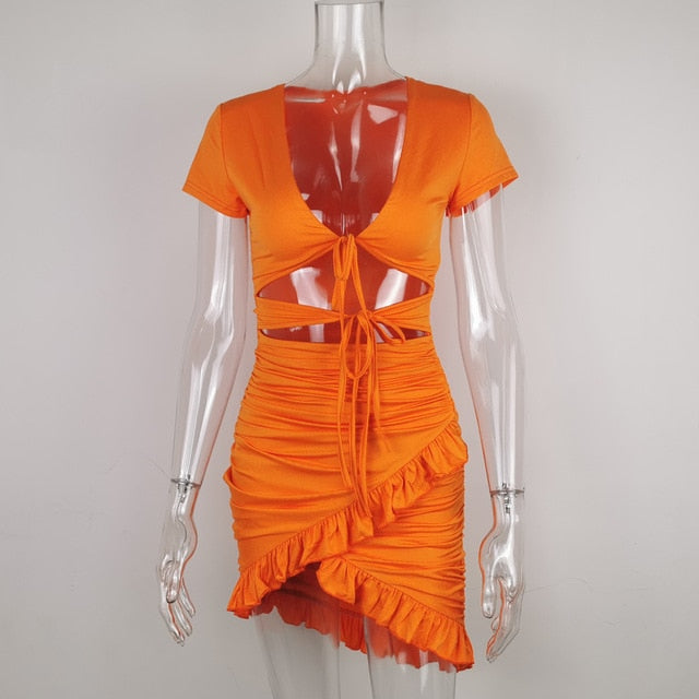 Summer Orange Mini Dress Sexy High Cut Hollow Out Lace Up Ruched Wrap Dress Chic Ruffles Outfit