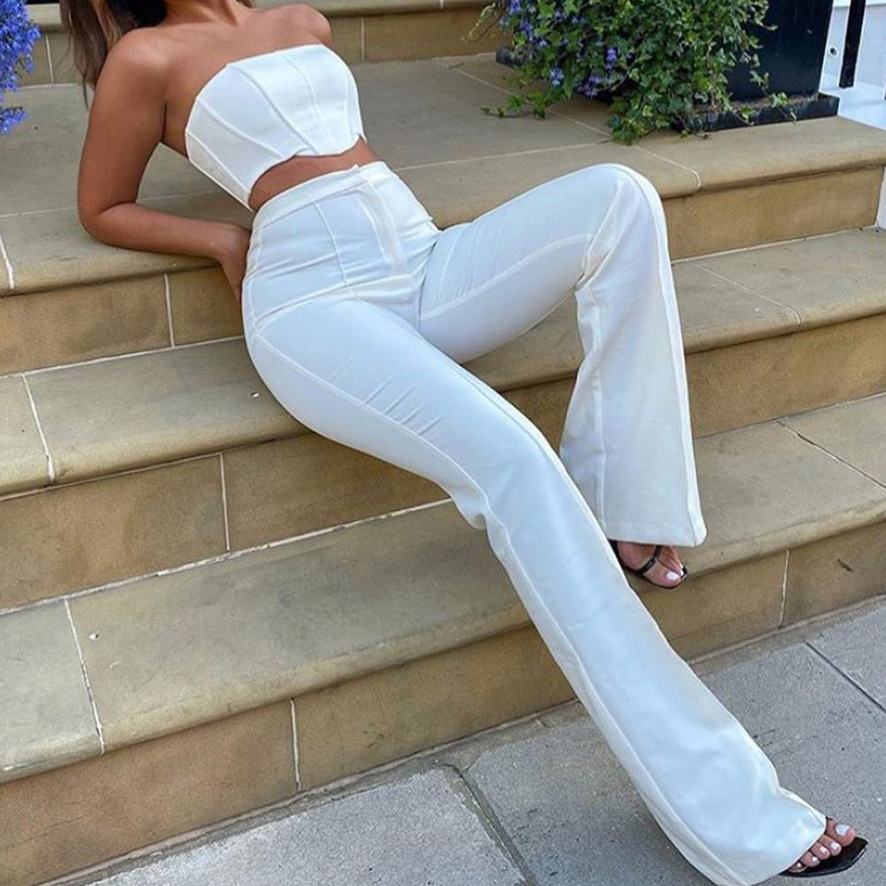 Strapless Corset Crop Top and Flare Pants Sets Solid High Waist Sexy Outfit Elegant Casual
