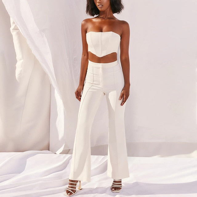 Strapless Corset Crop Top and Flare Pants Sets Solid High Waist Sexy Outfit Elegant Casual