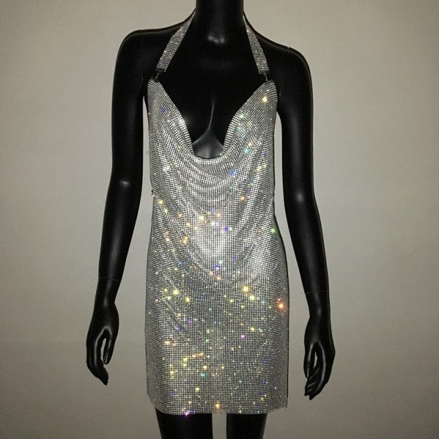 Sexy Crystal Rhinestone Drape Backless Sparkly Halter Metallic Mesh Cocktail Party Club Mini Dress