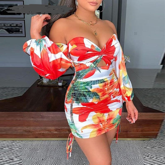Off Shoulder Long Sleeve Ruched Bodycon Bohemian Beach Pleated Dresses