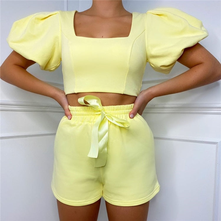 Square Collar Shorts Puff Sleeve Crop Top Two Piece Set Casual Outfit