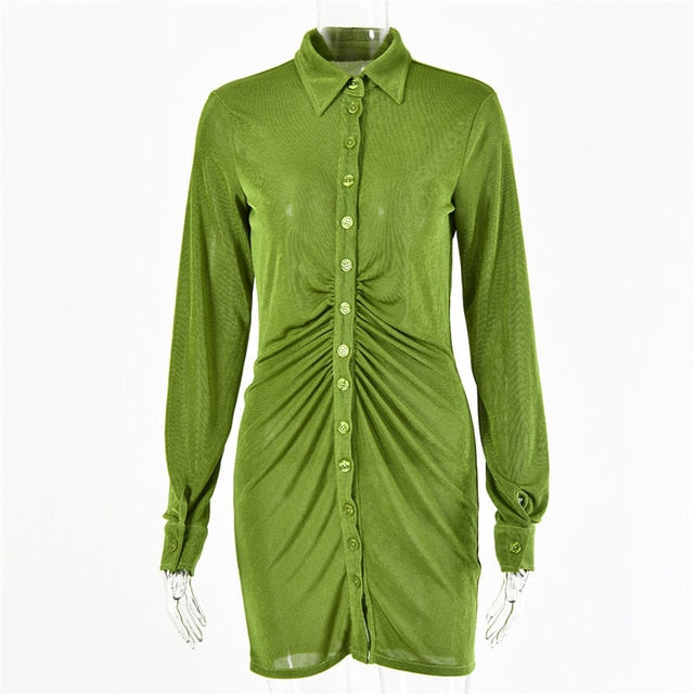 Pleated Turn-Down Collar Button Blouse Sexy Long Sleeve Mini Shirt Dress