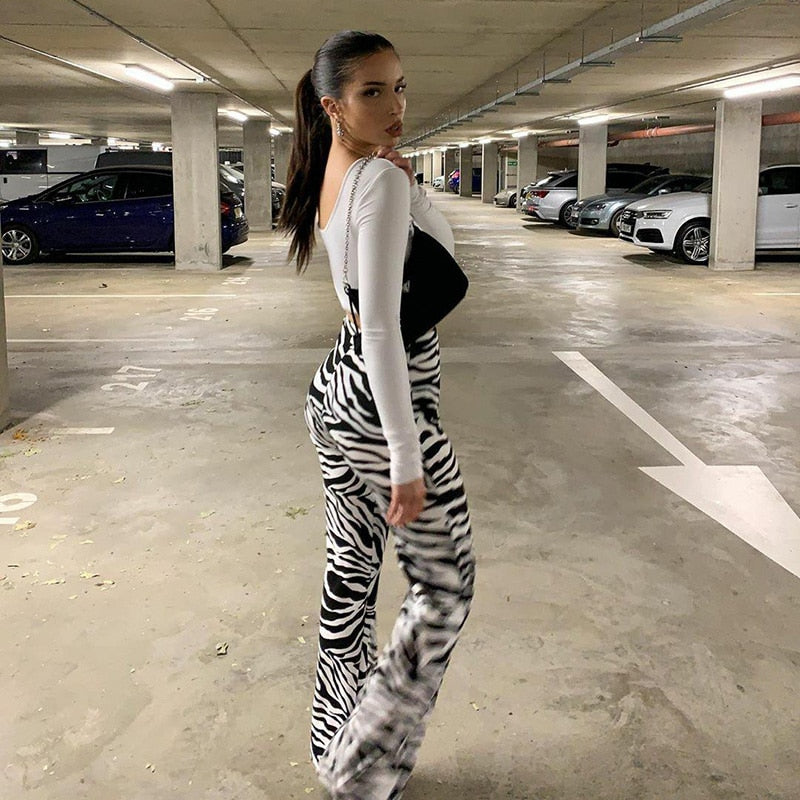 Zebra Print Wide Leg Pants Trousers Sexy High Waist Casual Streetwear