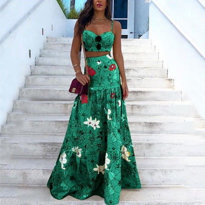 Floral Print Spaghetti Strap Crop Top And Maxi Long Skirt 2 Piece Sets