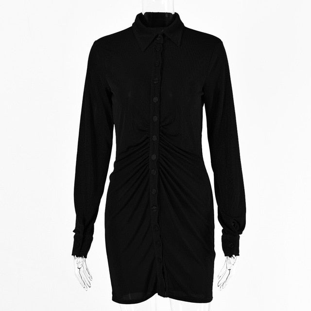 Pleated Turn-Down Collar Button Blouse Sexy Long Sleeve Mini Shirt Dress