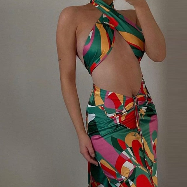 Sexy Print Two Piece Boho Outfit Halter Bandage Tank And Ruched Drawstring Midi Skirt