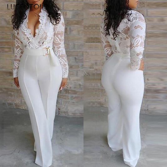 White Lace Stitching Long Sleeve V-neck Wide Leg Long Pants Jumpsuit