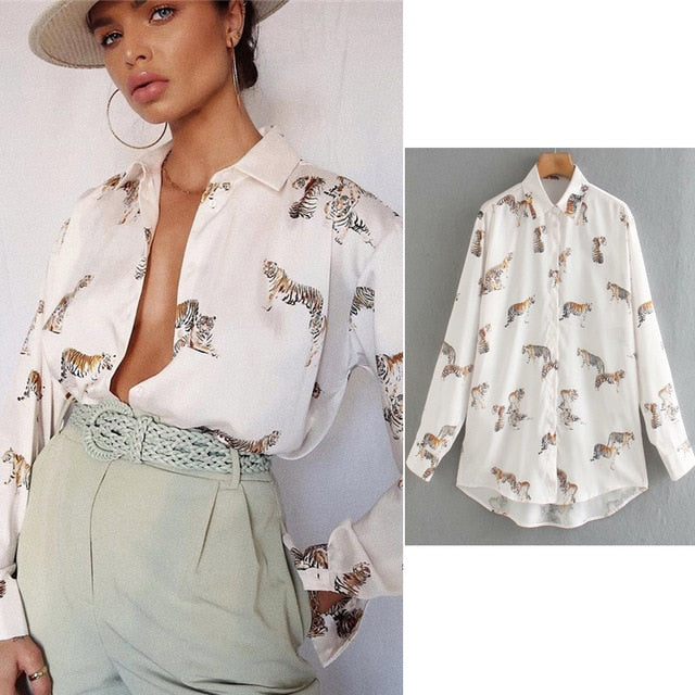 Satin blouse long sleeve zebra print shirt vintage top