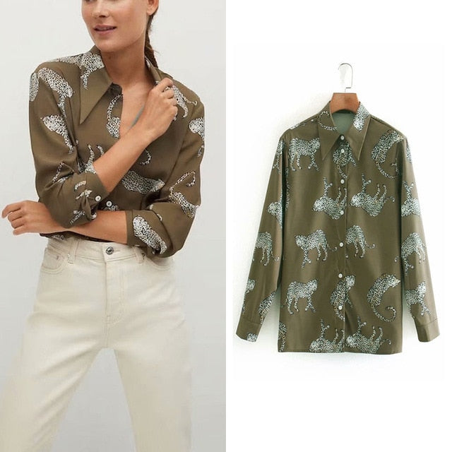 Satin blouse long sleeve zebra print shirt vintage top