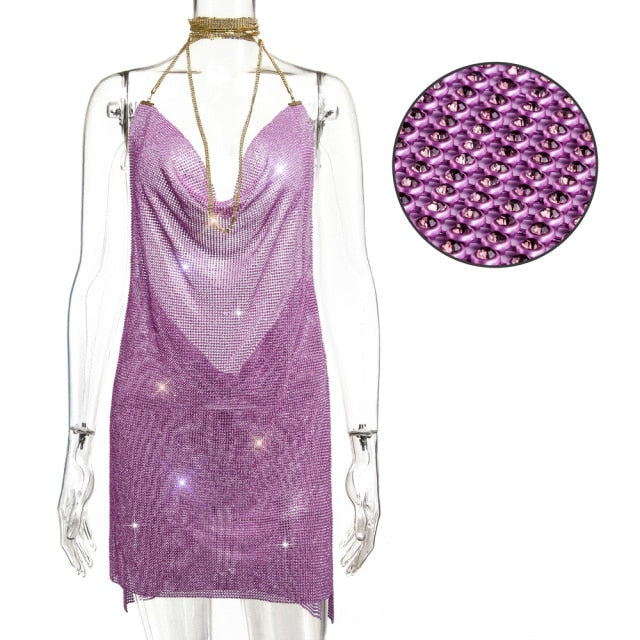 Sexy Rhinestone Metal chain Glitter Summer Backless slip Sequins Mini Luxury club Party Dress