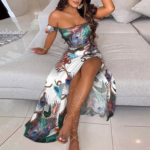 Elegant Long Sexy Off Shoulder Top And Split Skirt Two Piece Set Outfit