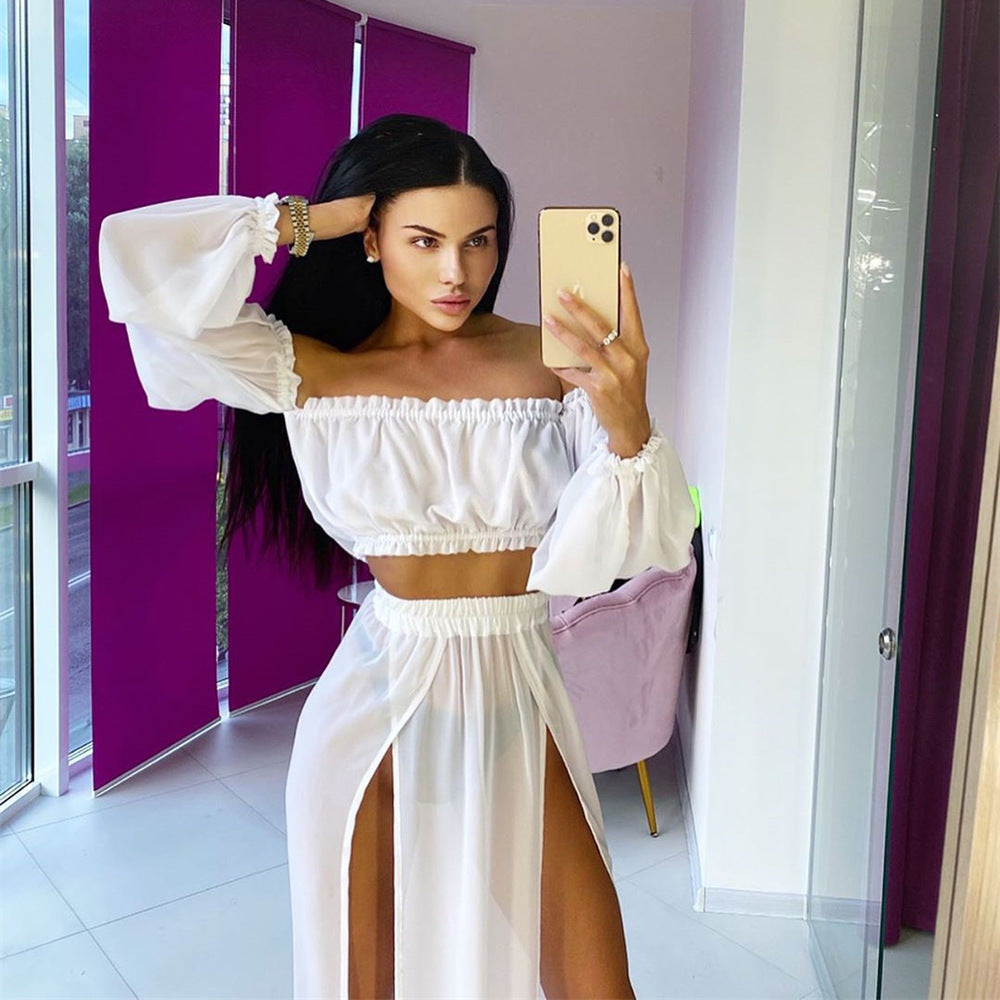 new Women's Clothing Set Off Shoulder Long Sleeve Tops and Cover Up Skirt Two-piece Suit for Travelling Beach Vacation