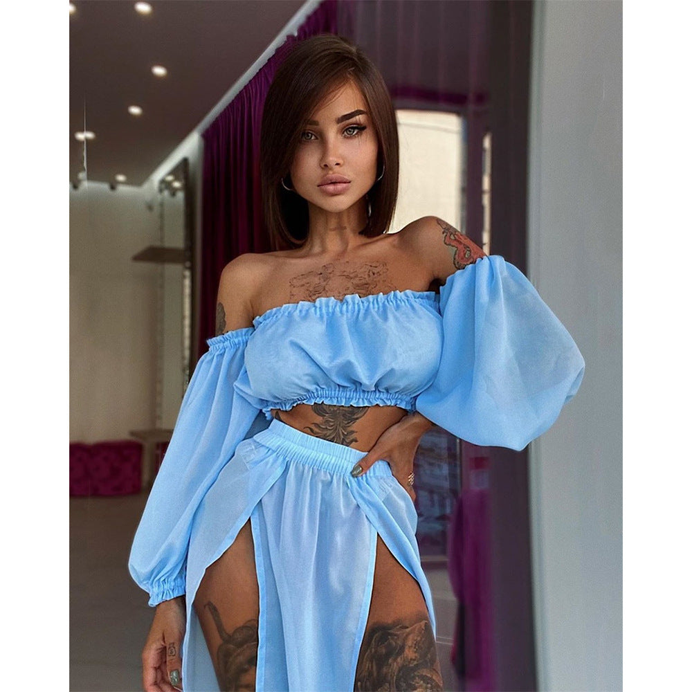 new Women's Clothing Set Off Shoulder Long Sleeve Tops and Cover Up Skirt Two-piece Suit for Travelling Beach Vacation