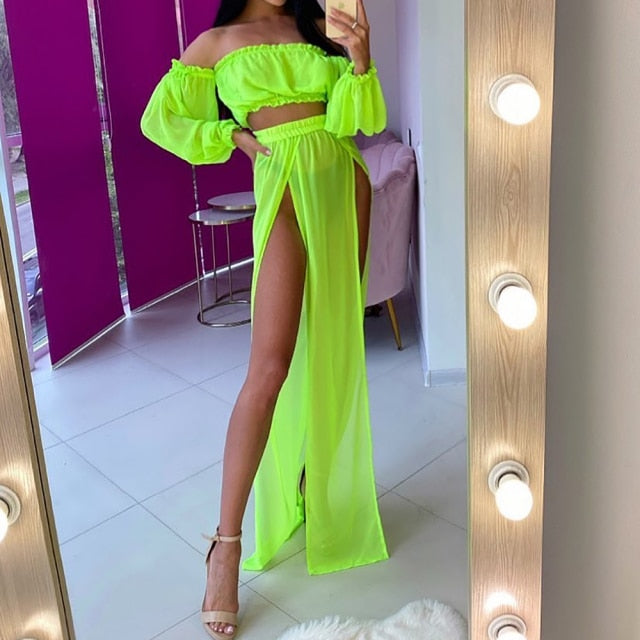 new Women's Clothing Set Off Shoulder Long Sleeve Tops and Cover Up Skirt Two-piece Suit for Travelling Beach Vacation