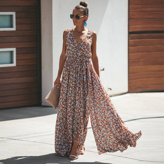 Women Summer Dress Floral Print Maxi Bohemian Hippie Beach Long Dress