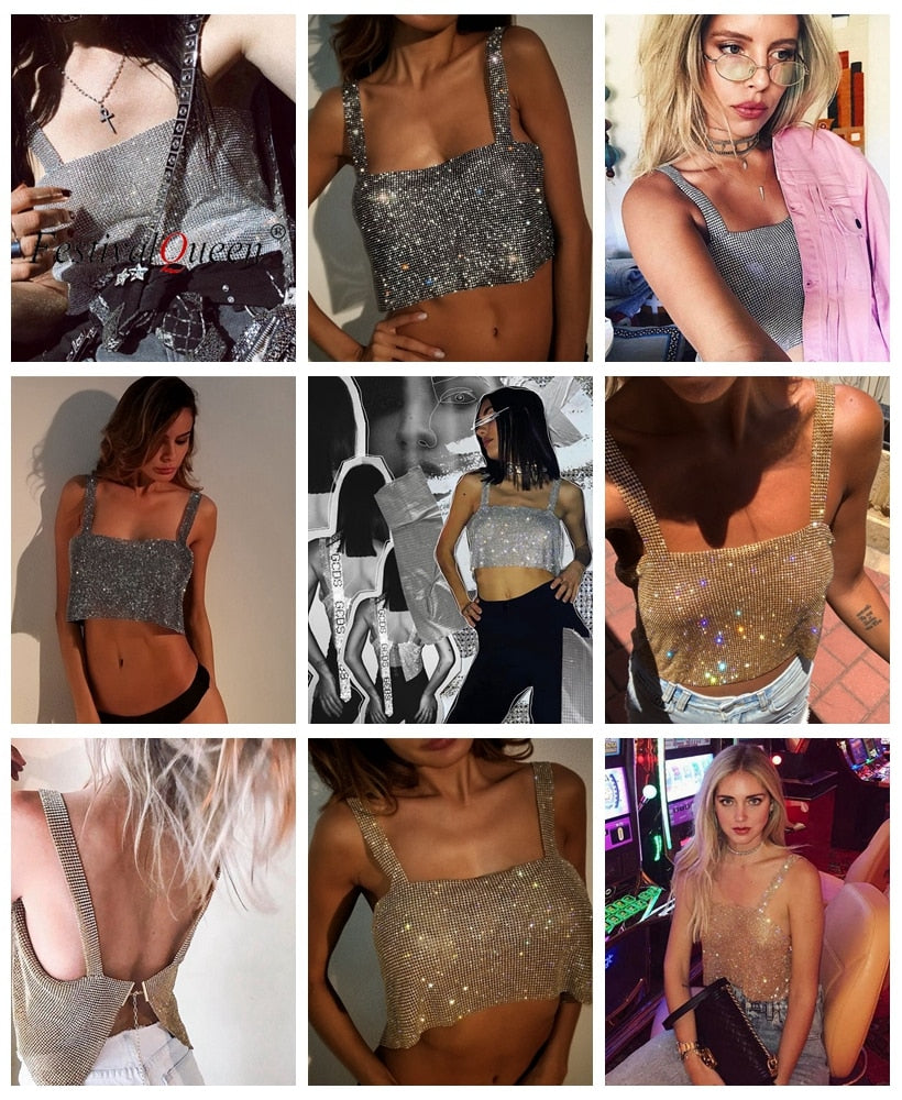 Bling Rhinestones Party Crop Top 2021 Fashion Solid Backless Straps Full Diamonds Sequins Cami Cropped Top for Women